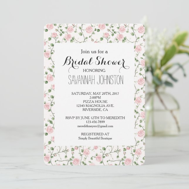 Invitation Pretty Pink Roses Floral Bridal Shower (Debout devant)
