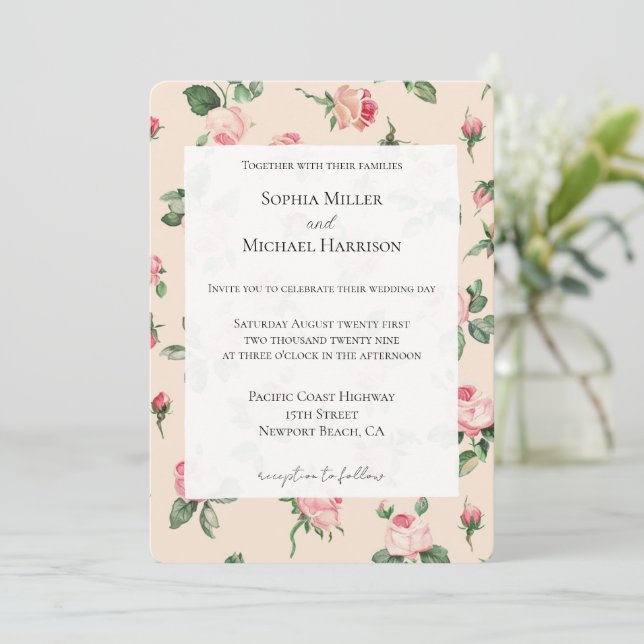 Invitation Pretty Pink Roses Floral Wedding (Debout devant)