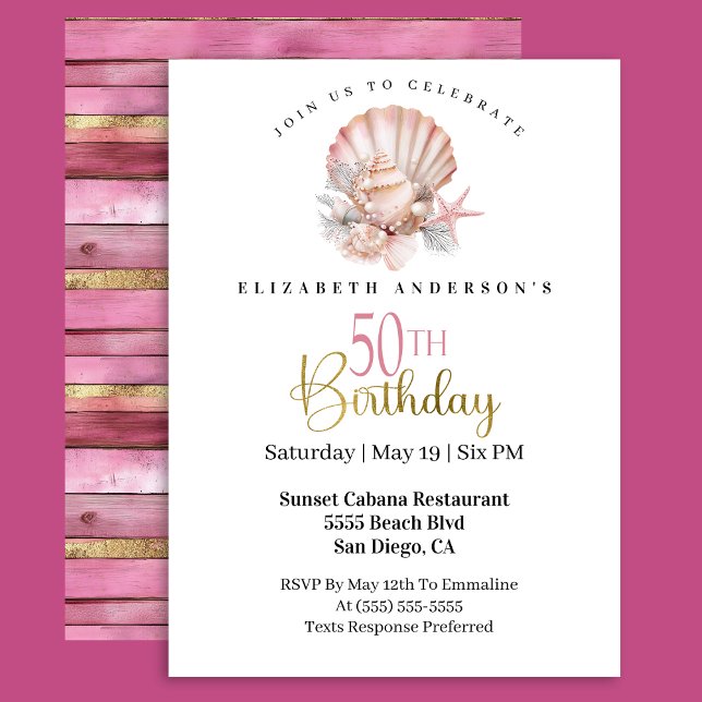 Invitation Pretty Pink Seashell and Pearls 50th Birthday (Créateur téléchargé)