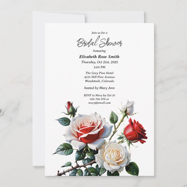 Invitation Pretty pink white red roses bridal shower (Devant)