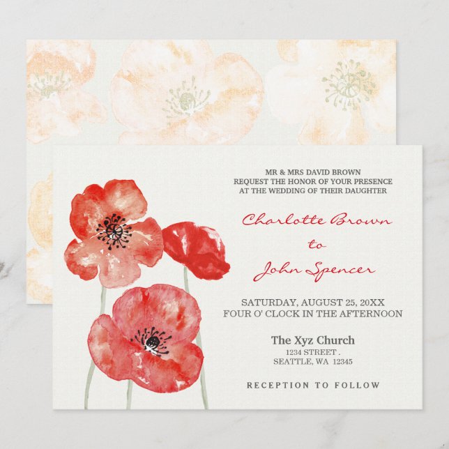 Invitation Pretty Poppies Un mariage floral moderne invite (Devant / Derrière)