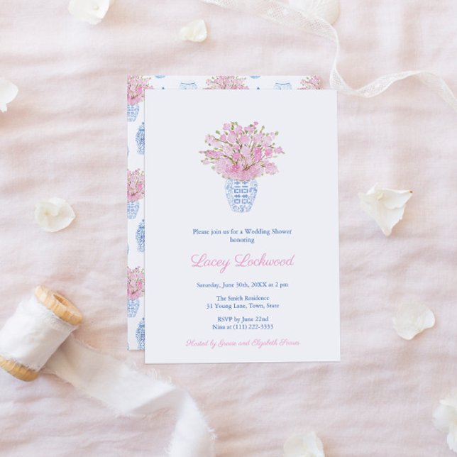 Invitation Pretty Preppy Rose Blue Chinoiserie Wedding shower (Pretty Pink And Blue Ginger Jar Bridal Or Wedding Shower Invitation)