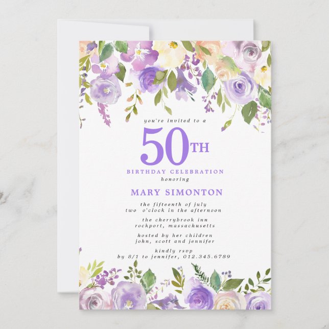 Invitation Pretty Purple Floral 50th Birthday Party (Devant)