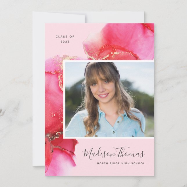 Invitation Pretty Rose Aquarelle Photo Graduation Party (Devant)