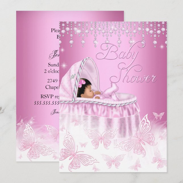 Invitation Pretty rose Baby shower papillon ethnique (Devant / Derrière)