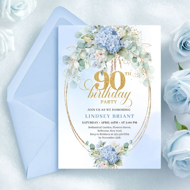 Invitation Pretty Soft Blue Hydrangea Gold 90th Birthday Card (Pretty Soft Blue Hydrangea Gold 90th Birthday Card)