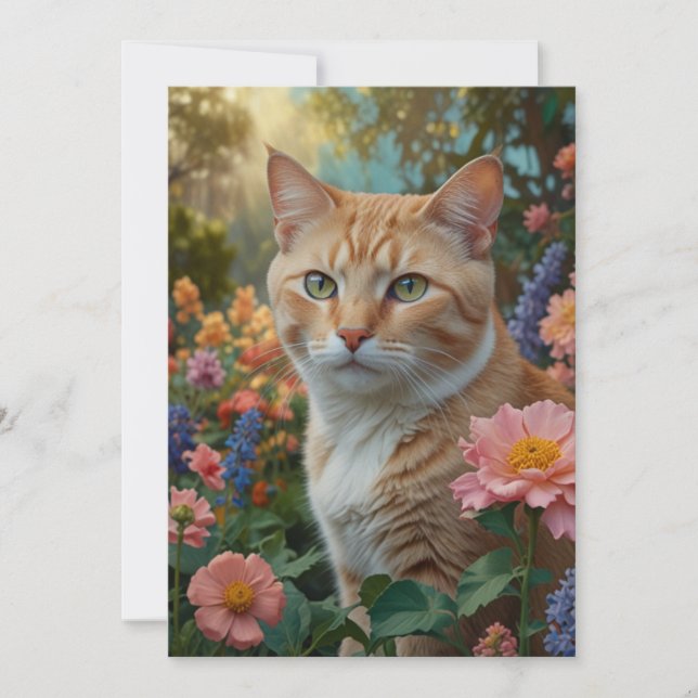 Invitation Pretty white orange cat in floral garden (Devant)
