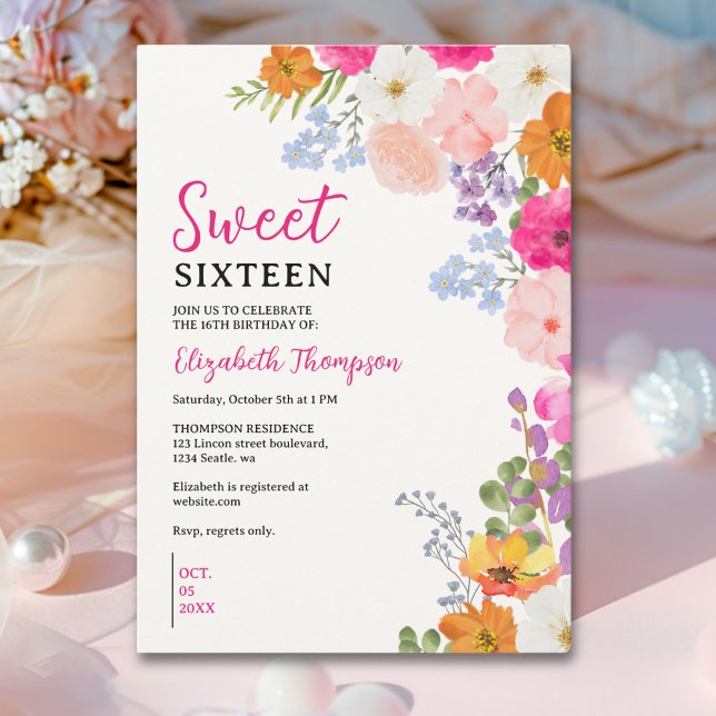 Invitation Pretty Wildflowers Sweet Sixteen (Créateur téléchargé)