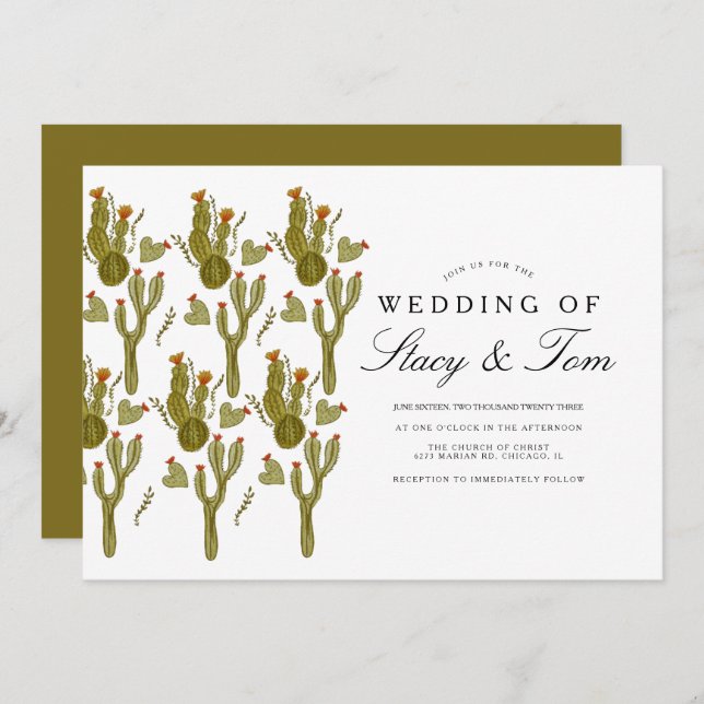 Invitation Prickly Pear Cactus Mariage vert peint à la main (Devant / Derrière)