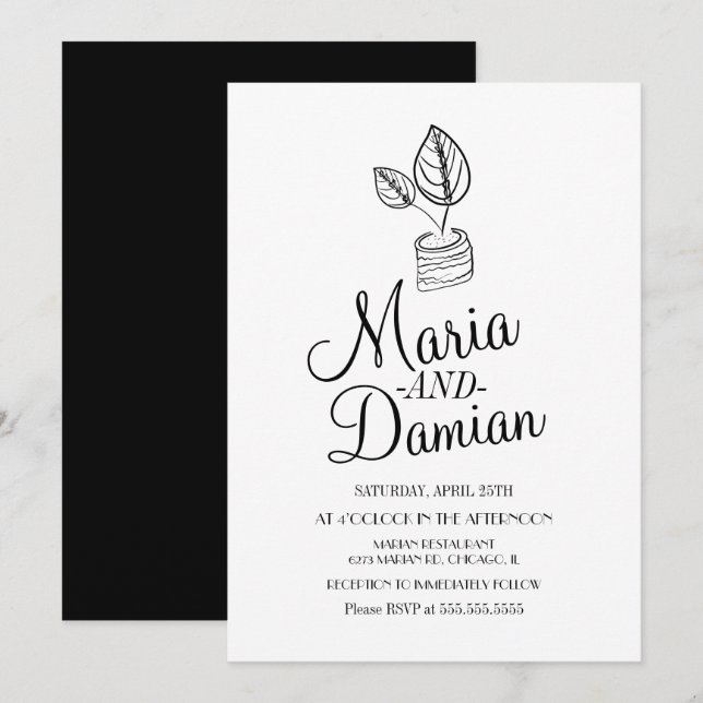 Invitation Prière Plante Vert Illustration Mariage (Devant / Derrière)