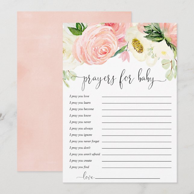 Invitation Prières florales en or rose pour Baby Card (Devant / Derrière)
