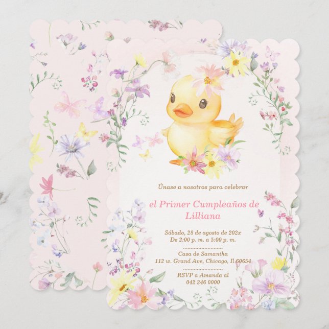 Invitation Primer Cumpleaños Pato de Goma Rosa para Niña (Devant / Derrière)