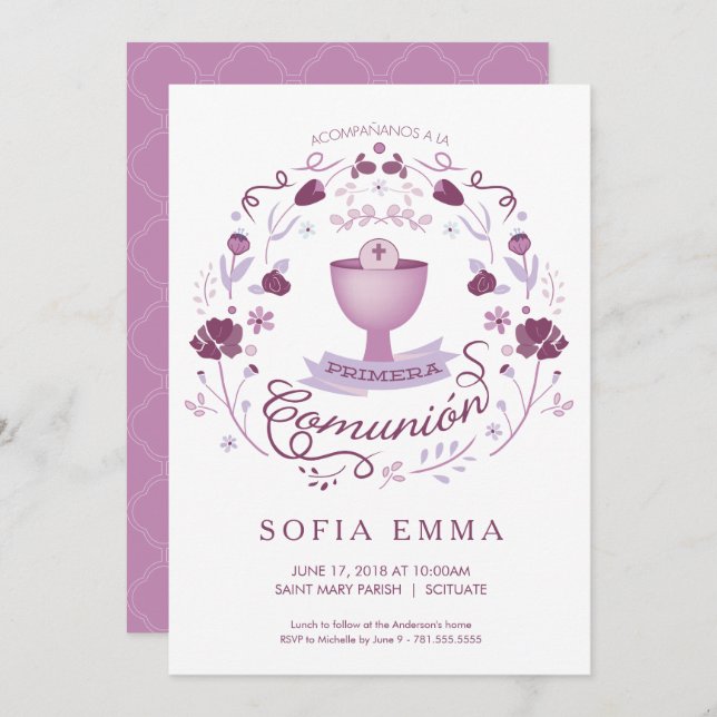 Invitation Primera Comunión Invitación - Espagnol, fille (Devant / Derrière)