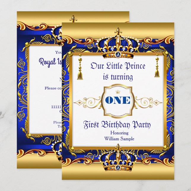 Invitation Prince 1er anniversaire Blue Ornate Gold (Devant / Derrière)
