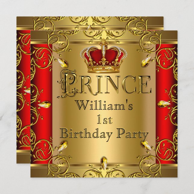 Invitation Prince 1er anniversaire Boy Red Gold Crown 2 (Devant / Derrière)