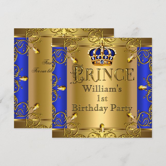 Invitation Prince 1er anniversaire Boy Royal Blue Gold Crown (Devant / Derrière)