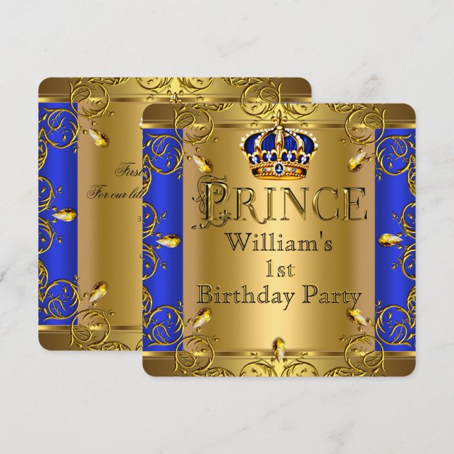 Invitation Prince 1er anniversaire Boy Royal Blue Gold Crown (Devant / Derrière)