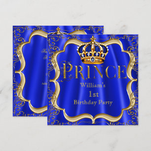 Invitation Prince 1er anniversaire Boy Royal Blue Gold Crown 