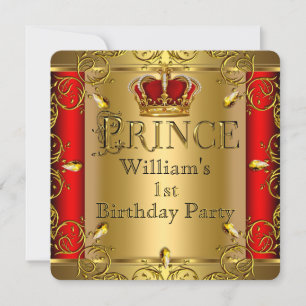 Invitation Prince 1er anniversaire garçon couronne rouge or 2
