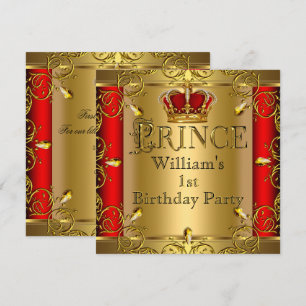 Invitation Prince 1er anniversaire garçon couronne rouge or 2