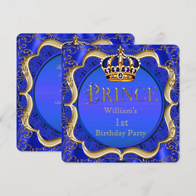 Invitation Prince 1er anniversaire garçon Royal Blue Gold Cro (Devant / Derrière)