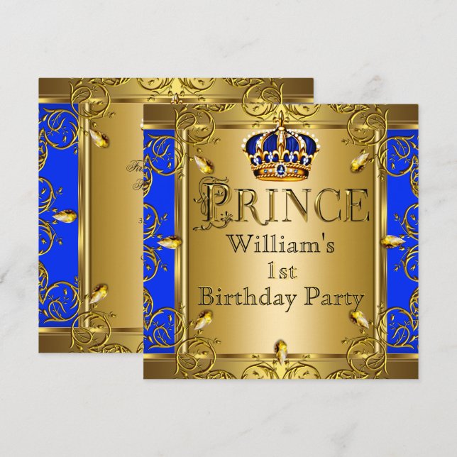 Invitation Prince 1er anniversaire garçon Royal Blue Gold Cro (Devant / Derrière)