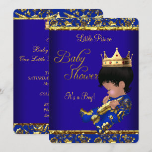 Invitation Prince Afro-Américain Baby Shower Bleu Or Garçon