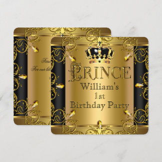 Invitation Prince Anniversaire Garçon Homme noir Couronne Or