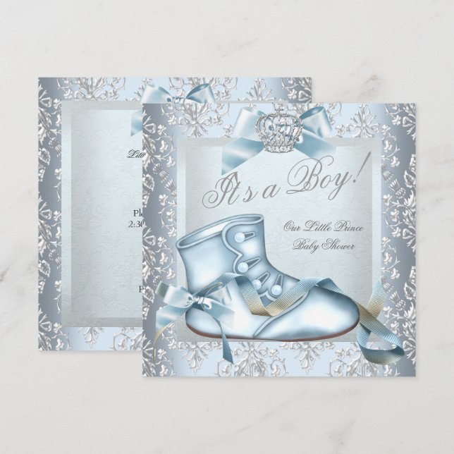 Invitation Prince Baby shower Baby Boy Blue Damask Shoe 4E (Devant / Derrière)
