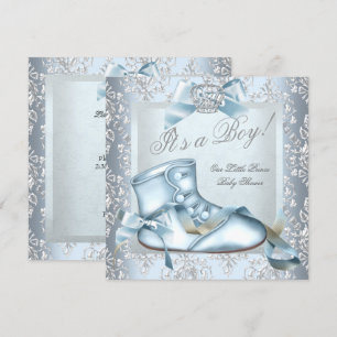 Invitation Prince Baby shower Baby Boy Blue Damask Shoe 4E