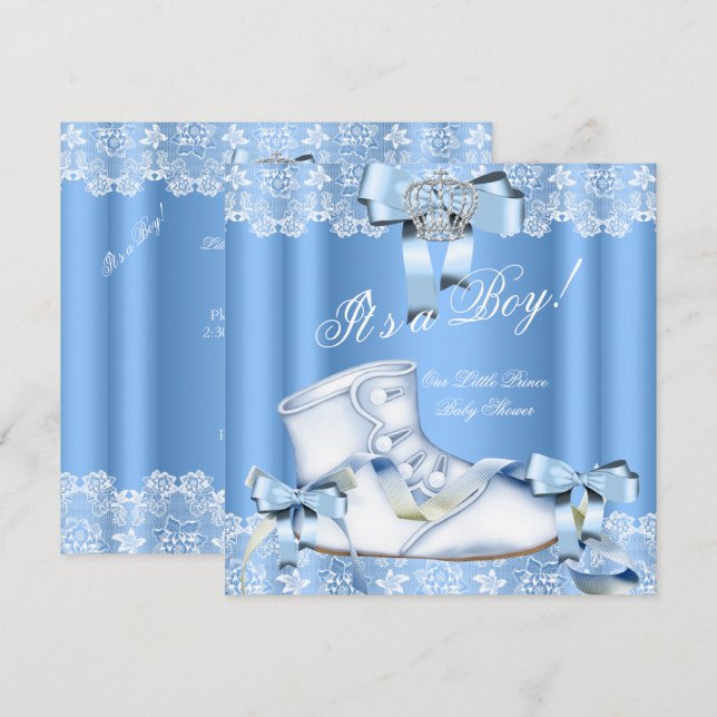 Invitation Prince Baby shower Baby Boy Blue Lace Chaussure 6a (Devant / Derrière)