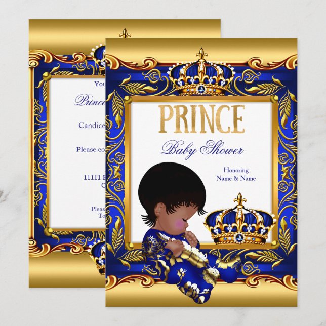 Invitation Prince Baby shower Blue Gold African American Foil (Devant / Derrière)