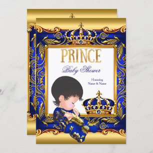 Invitation Prince Baby shower Blue Gold Foil Boy