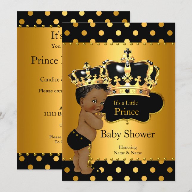 Invitation Prince Baby shower Boy Black Gold Ethnic (Devant / Derrière)