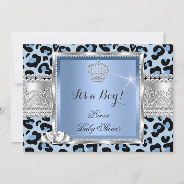 Invitation Prince Baby shower Boy Blue Grey Leopard (Devant)