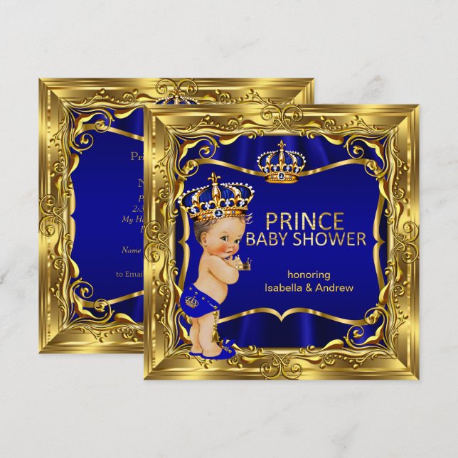 Invitation Prince Baby shower Boy Blue Ornate Gold (Devant / Derrière)