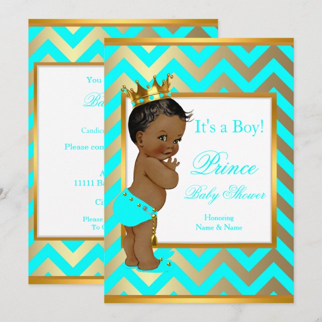Invitation Prince Baby shower Boy Gold Turquoise Blue Ethnic (Devant / Derrière)