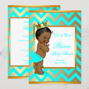 Invitation Prince Baby shower Boy Gold Turquoise Blue Ethnic