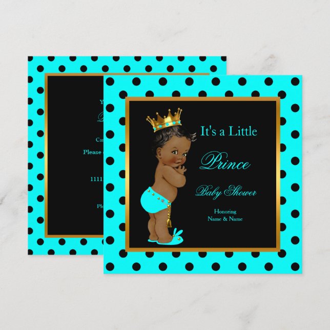 Invitation Prince Baby shower Boy Turquoise Black Ethnic (Devant / Derrière)