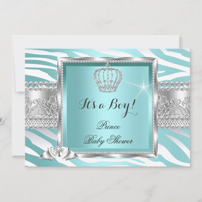 Invitation Prince Baby shower Boy Turquoise Blue Mint Zebra (Devant)