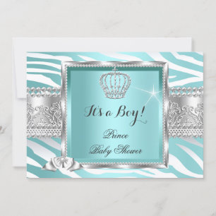 Invitation Prince Baby shower Boy Turquoise Blue Mint Zebra
