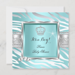 Invitation Prince Baby shower Boy Turquoise Blue Mint Zebra
