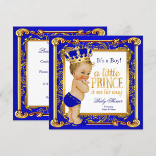 Invitation Prince Baby shower Damask Blue Gold Blonde Boy