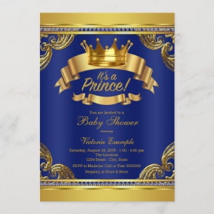 Invitation Prince baby shower de bleu royal de couronne d'or