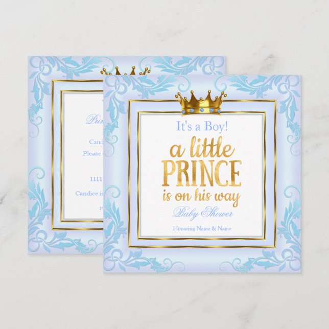 Invitation Prince Baby shower d'or bleu clair (Devant / Derrière)