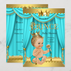 Invitation Prince Baby shower Gold Aqua Turquoise Blonde Boy