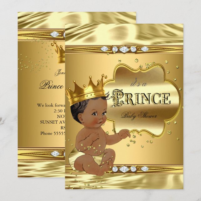 Invitation Prince Baby shower Gold Foil Ethnic Baby Boy (Devant / Derrière)