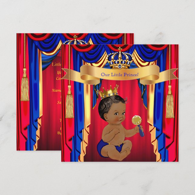 Invitation Prince Baby shower Red Blue Gold Ethnic (Devant / Derrière)
