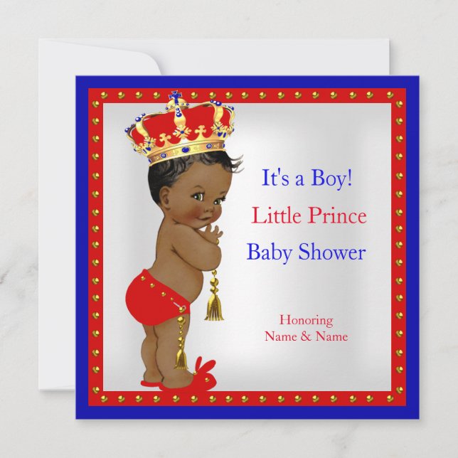 Invitation Prince Baby shower Rouge Blanc Bleu Boy Ethnic (Devant)