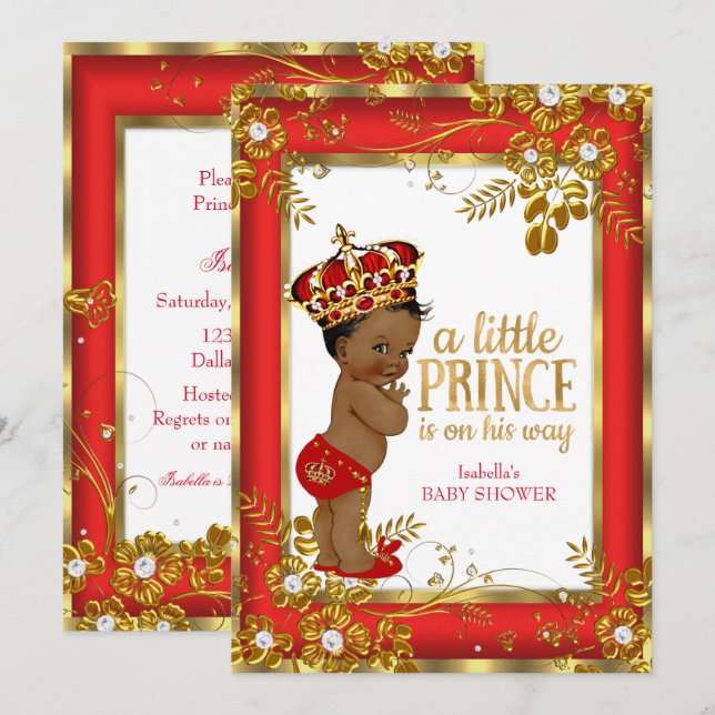 Invitation Prince Baby shower Rouge Or Blanc Ethnique (Devant / Derrière)